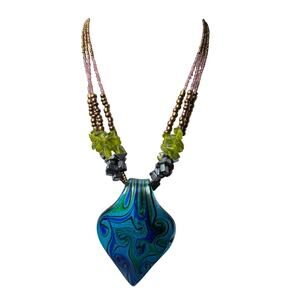 Boho Statement Necklace Blue Green Murano Style Glass Pendant MultiStrand Beaded